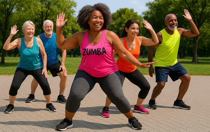 personer som dansar zumba utomhus (AI-genererad bild)