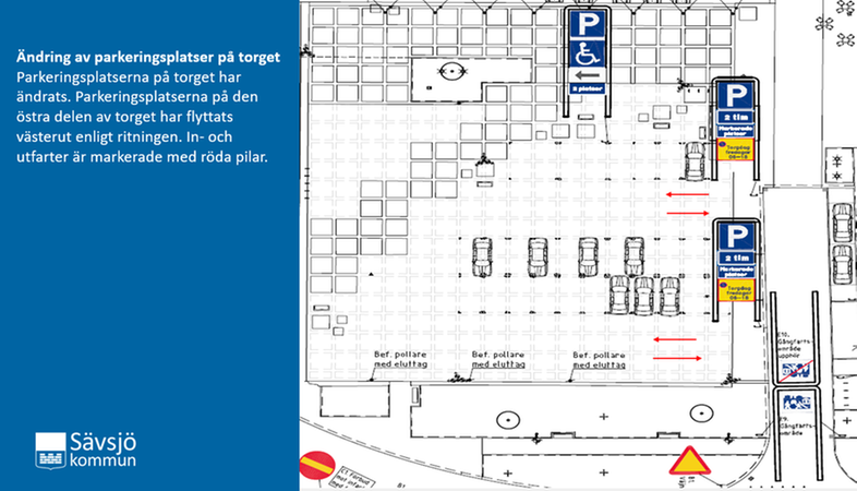 Skiss över parkeringsplatserna på torget i Sävsjö